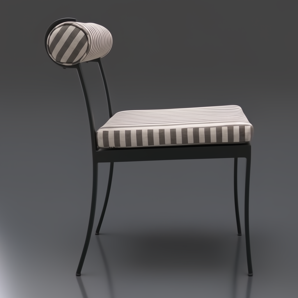 Surya Antibes outdoor dining chair with black powder-coated aluminum base and striped Sunbrella cushions.