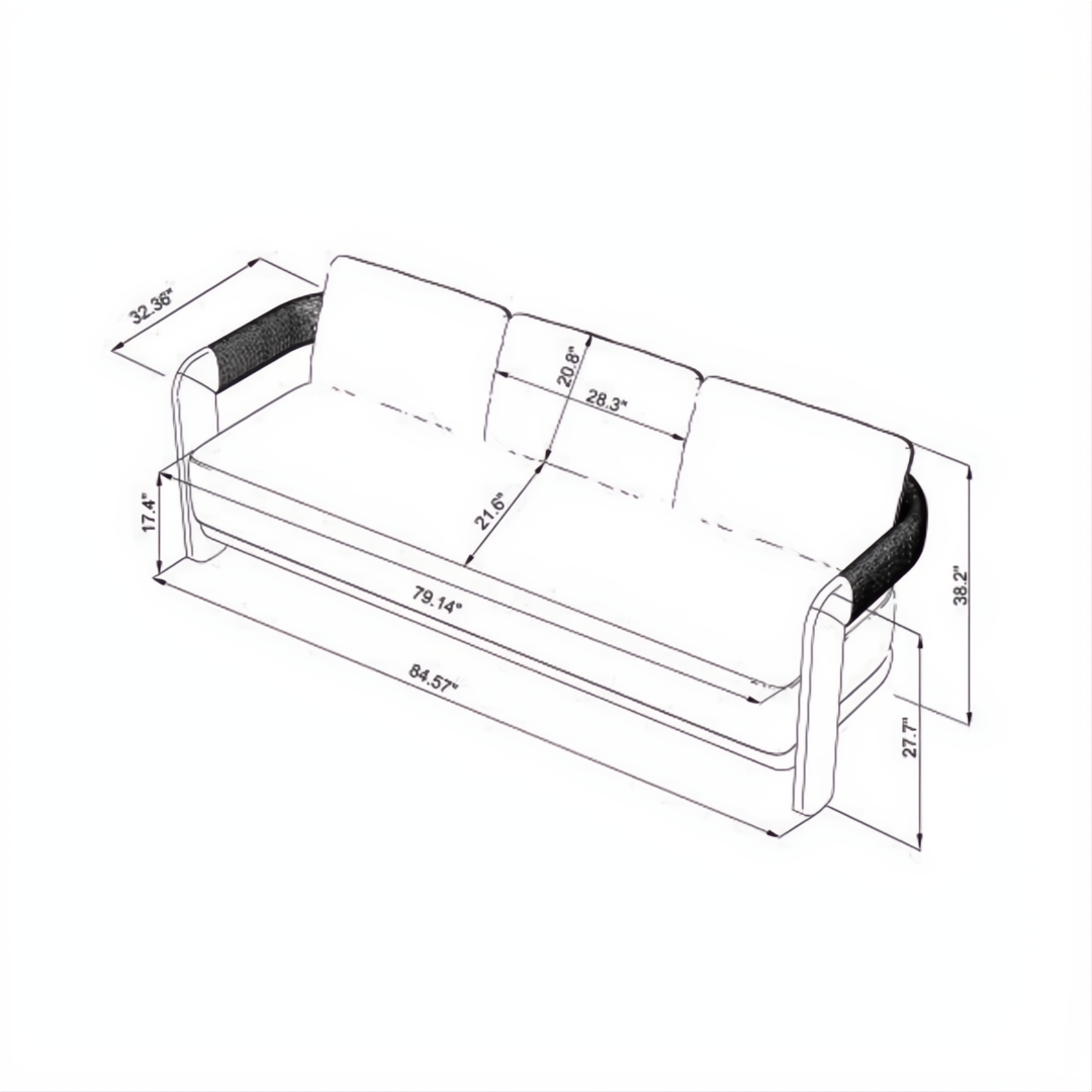 Line drawing of the Surya Palma Sofa, showing its dimensions and design with a teak frame and rope-wrapped arms.
