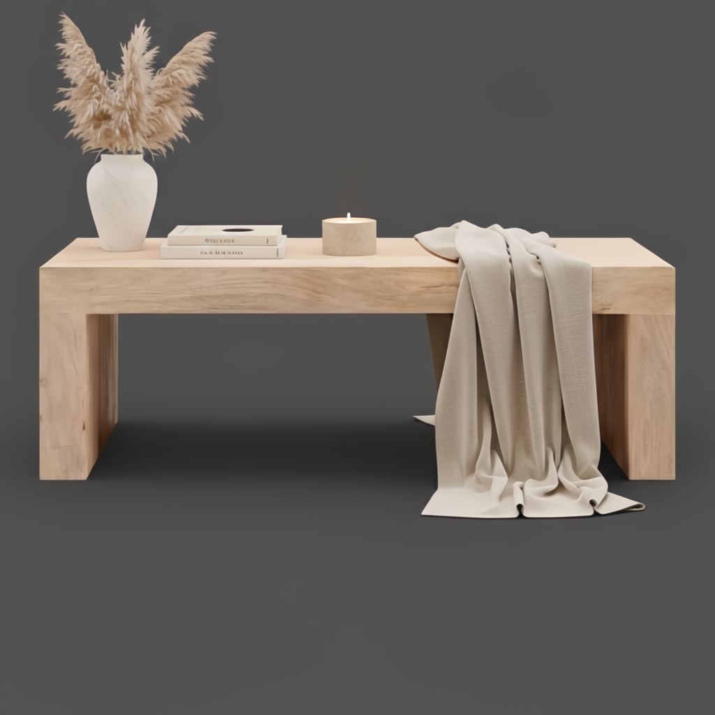 Surya Coburn coffee table, minimalist modern design, light brown mango wood, with decor.