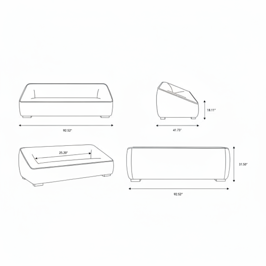 Line drawing of the Surya Alba Sofa showing front, side, and top views with dimensions.