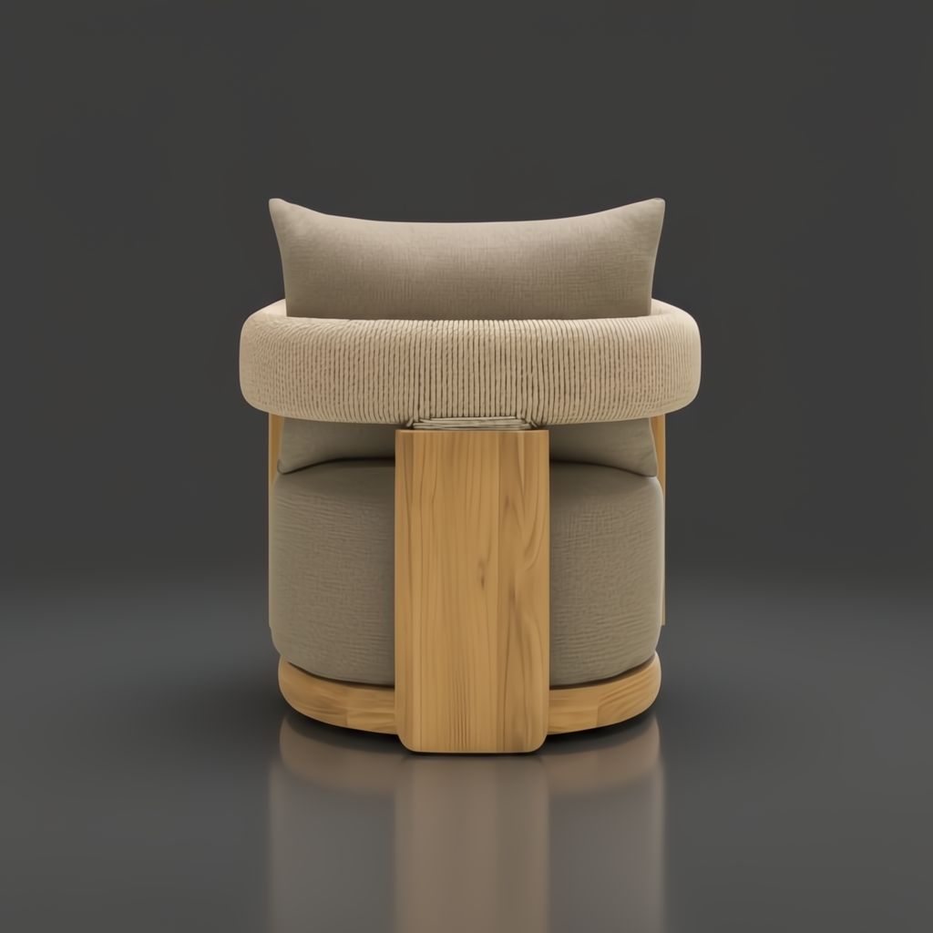 Surya Palma Swivel Chair with light beige Sunbrella cushions, woven back, and teak wood base.