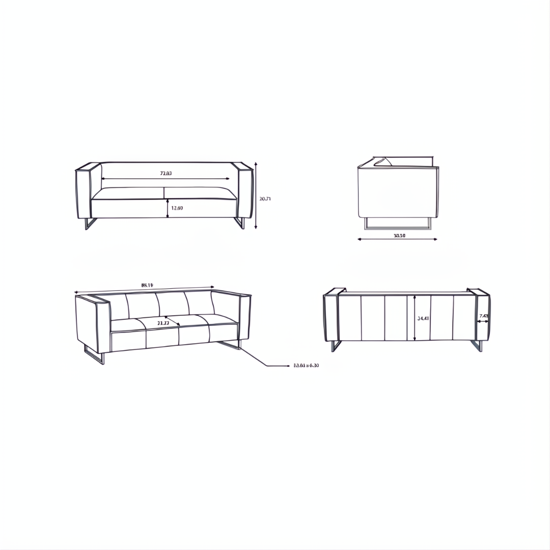 Line drawings of the Surya Dylan Sofa, showing front, side, and top views with dimensions.