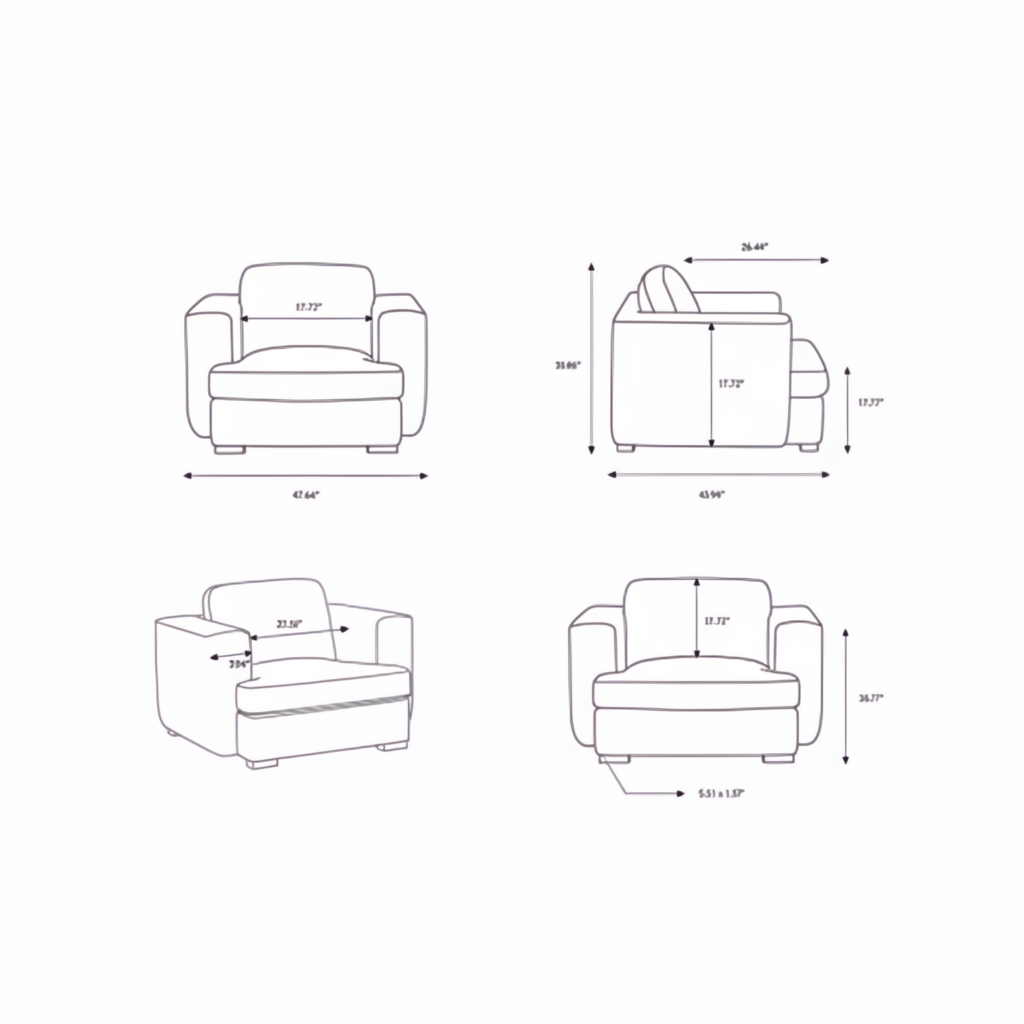 Line drawings of the Surya Cahill Accent Chair from multiple angles with dimensions.