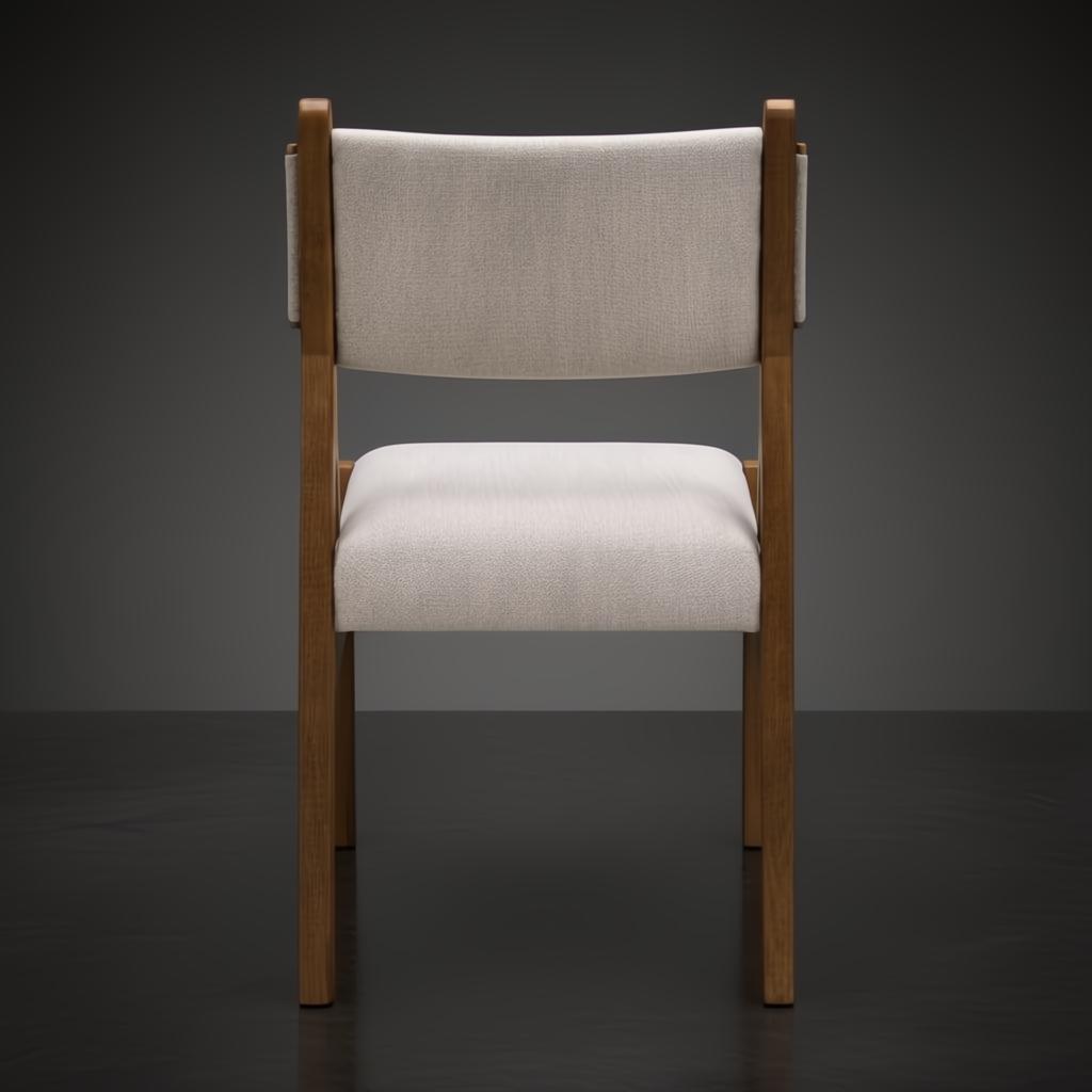 Surya Bergene dining chair with light beige upholstery and a brown natural rubber wood base.