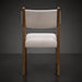 Surya Bergene dining chair with light beige upholstery and a brown natural rubber wood base.