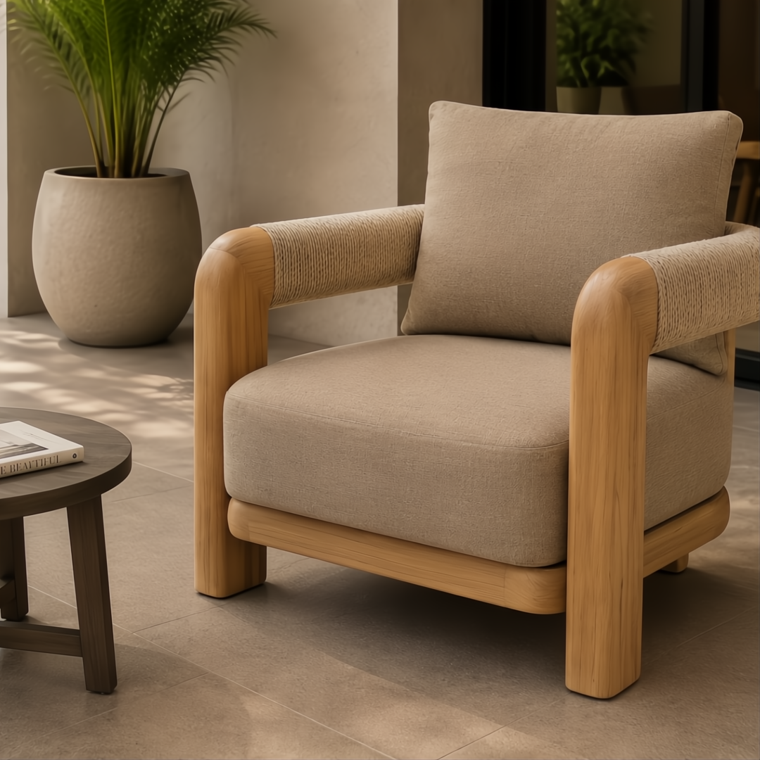 Surya Palma outdoor accent chair with beige Sunbrella cushion, teak wood frame, and PE rope-wrapped arms.