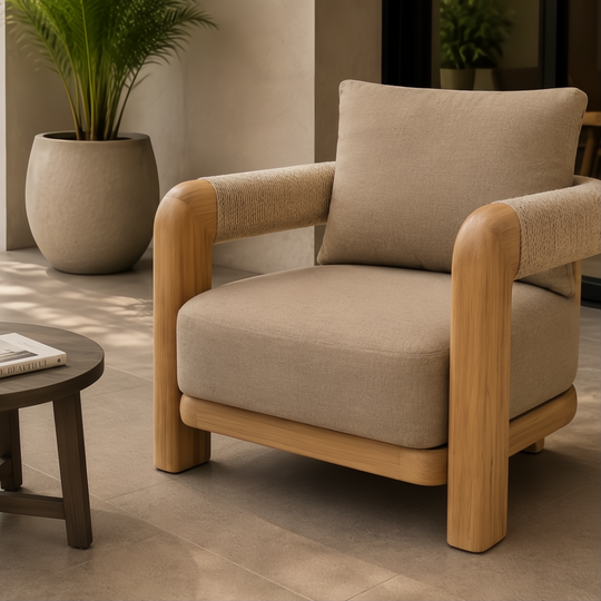 Surya Palma outdoor accent chair with beige Sunbrella cushion, teak wood frame, and PE rope-wrapped arms.