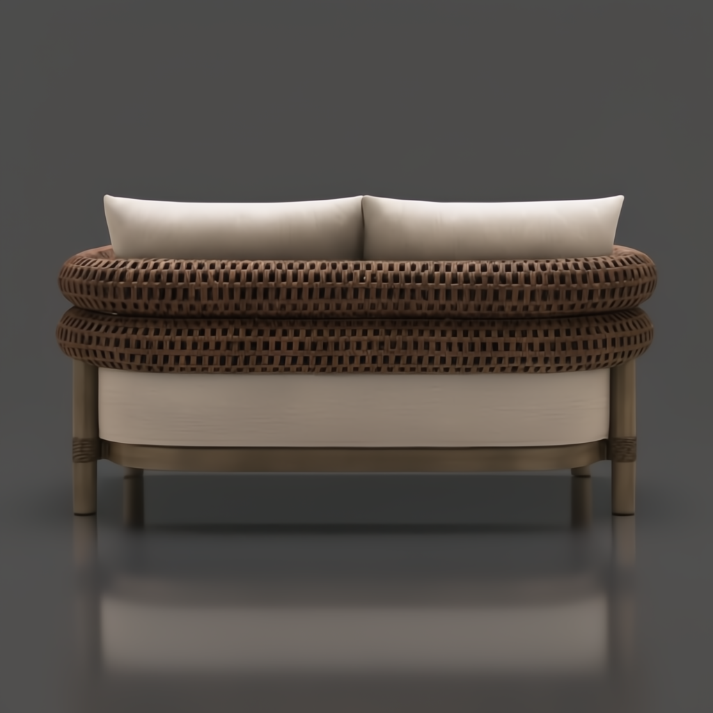 Surya Porta Daybed with beige Sunbrella cushions, brown handwoven PE wicker, and aluminum base.