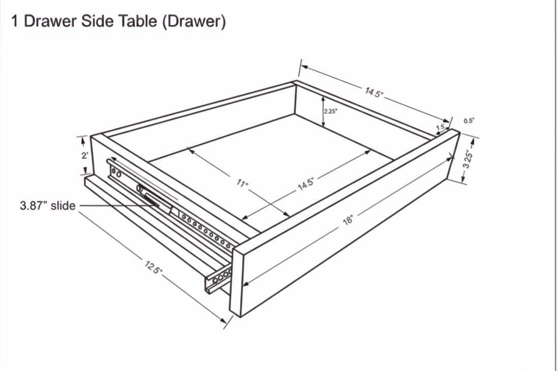 Technical drawing of a single drawer for a side table, showing dimensions and a 3.87" slide.