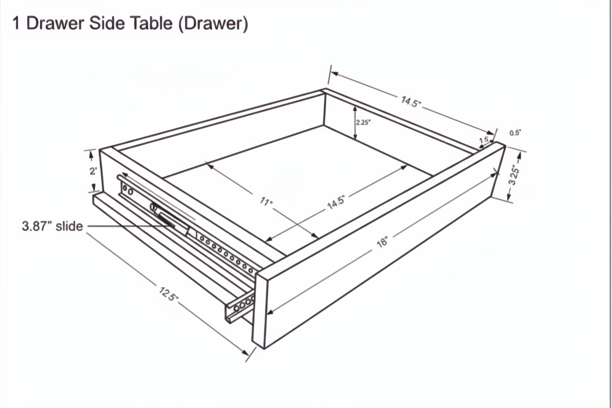 Technical drawing of a single drawer for a side table, showing dimensions and a 3.87" slide.