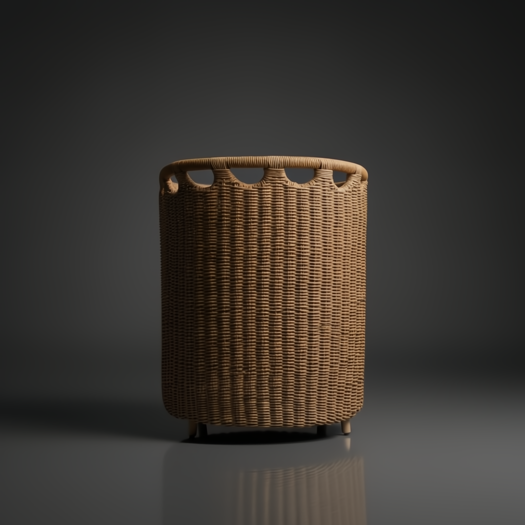 Woven light brown wicker laundry hamper with circular cutouts at the top and short wooden legs.
