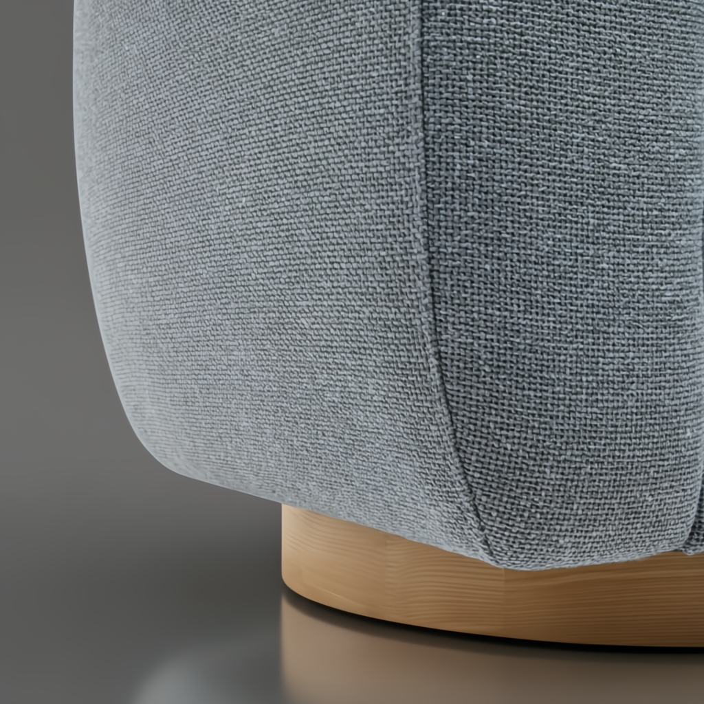 Close-up of a blue polyester and rayon Surya Loma swivel chair with an ash wood base.