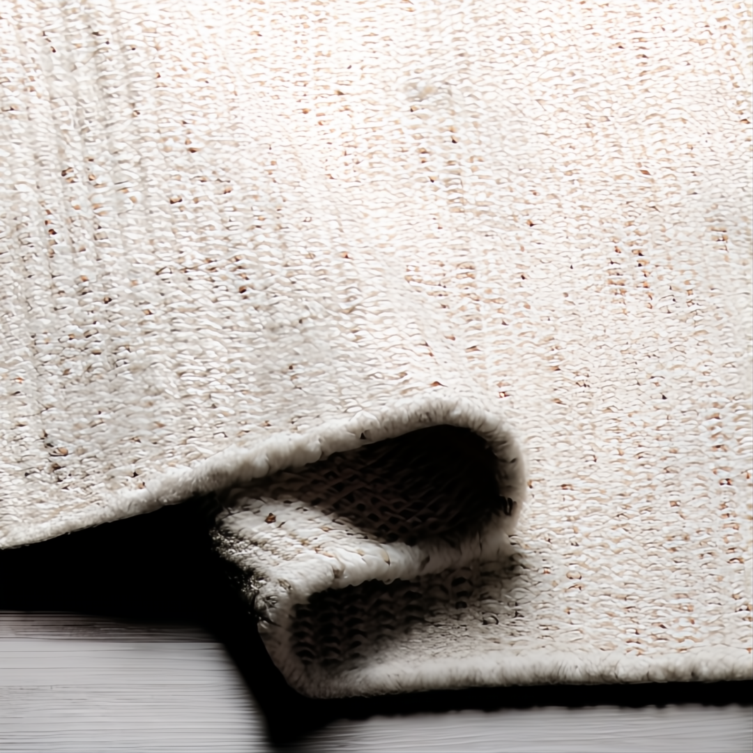 Hand-woven Surya Azalea rug, light beige with subtle black/gray flecks, made from recycled PET yarn.