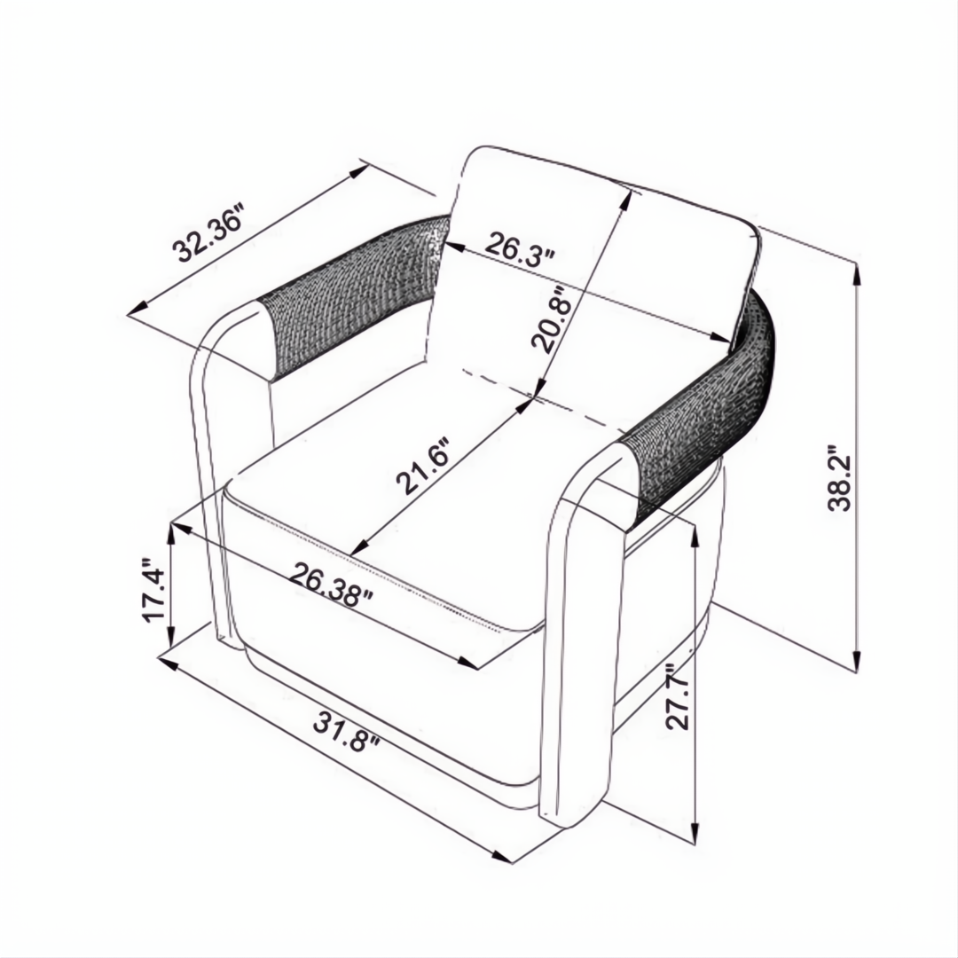 Line drawing of the Surya Palma Swivel Chair with dimensions, featuring a curved back and armrests.
