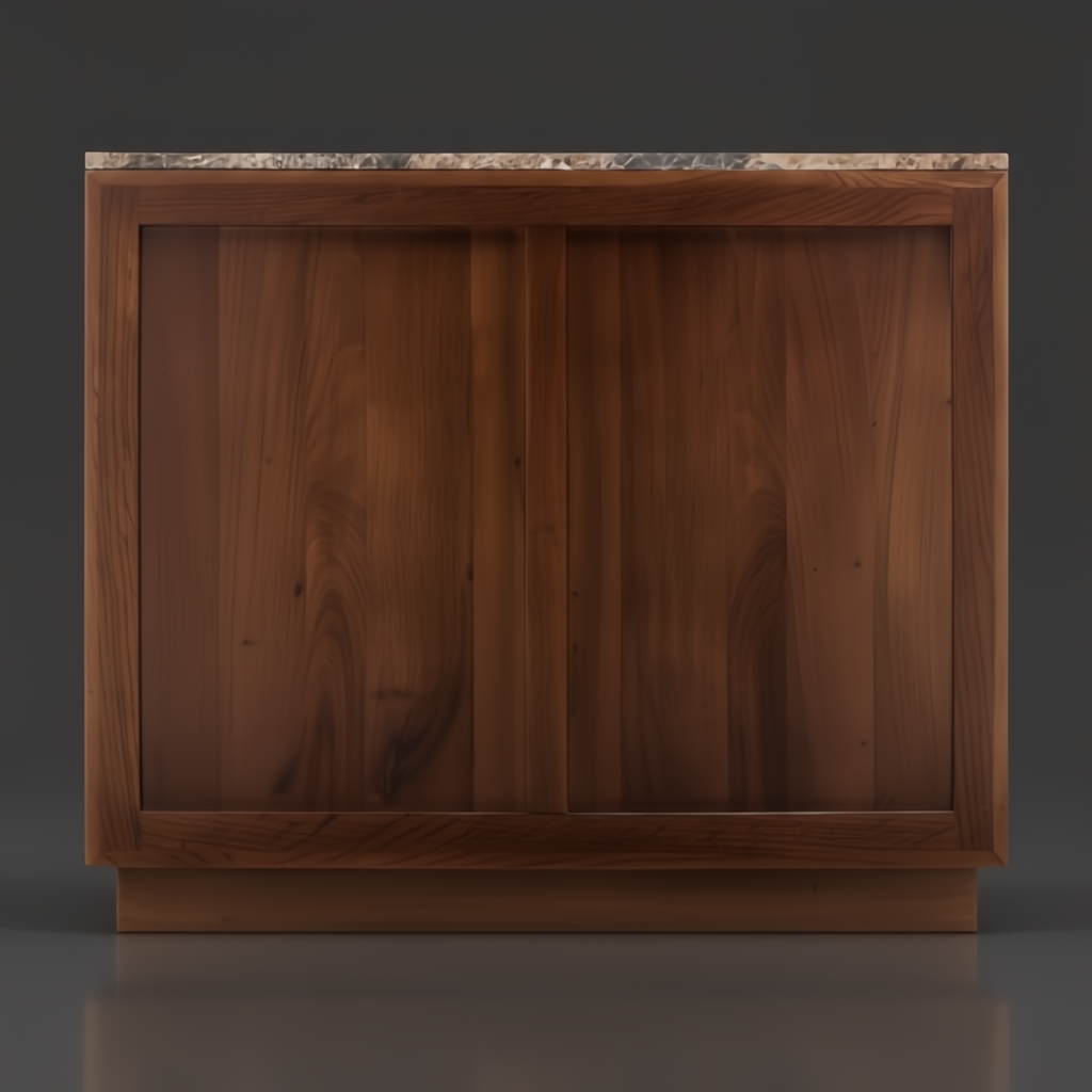 Brown Surya Skopa mid-century modern cabinet with white oak frame, two doors, and marble top.