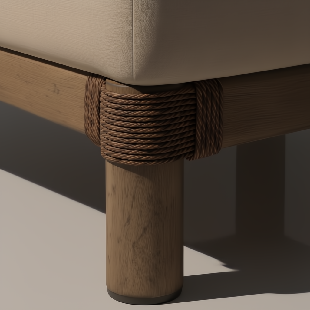 Close-up of a brown Surya Porta sectional leg with rope detailing and a beige Sunbrella cushion.