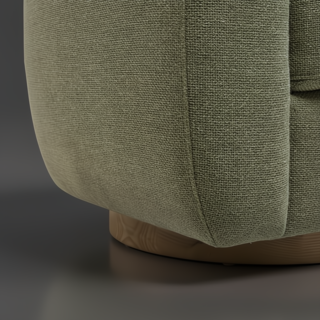 Surya Loma swivel chair, grass green upholstered with a brown stained ash wood base.