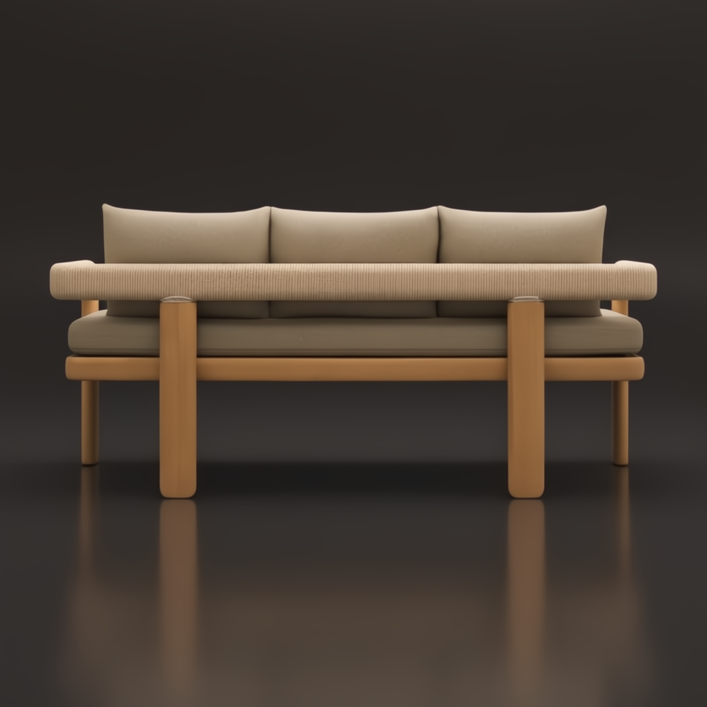 Surya Palma outdoor bench with beige Sunbrella cushions, teak wood base, and PE rope detail.