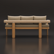 Surya Palma outdoor bench with beige Sunbrella cushions, teak wood base, and PE rope detail.