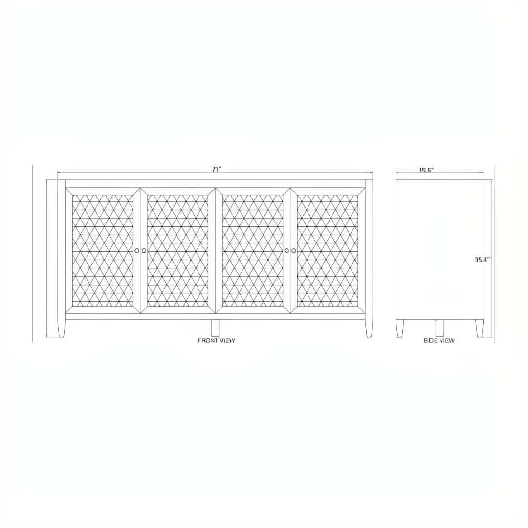 Front and side view line drawing of the Surya Etewah Sideboard, showing its four doors and dimensions.