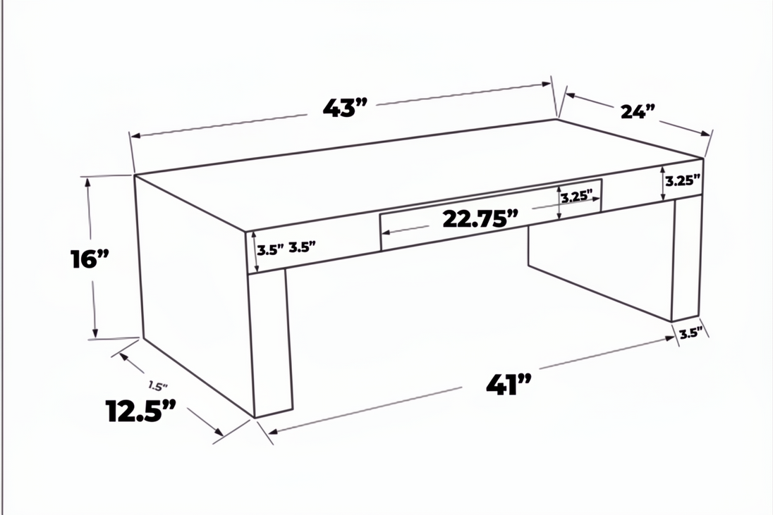 Line drawing of the Surya Coburn Coffee Table, showing its 16"H x 48"W x 24"D dimensions.