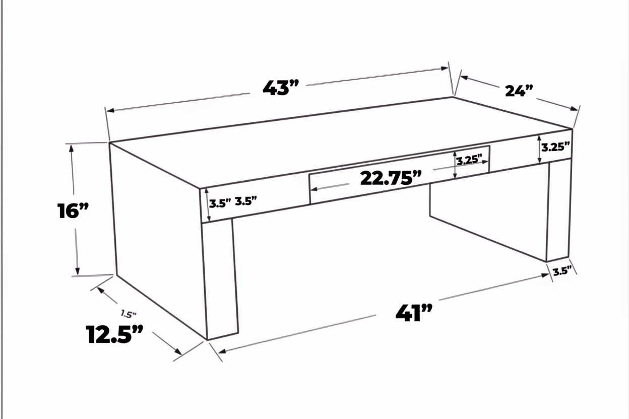 Line drawing of the Surya Coburn Coffee Table, showing its 16"H x 48"W x 24"D dimensions.