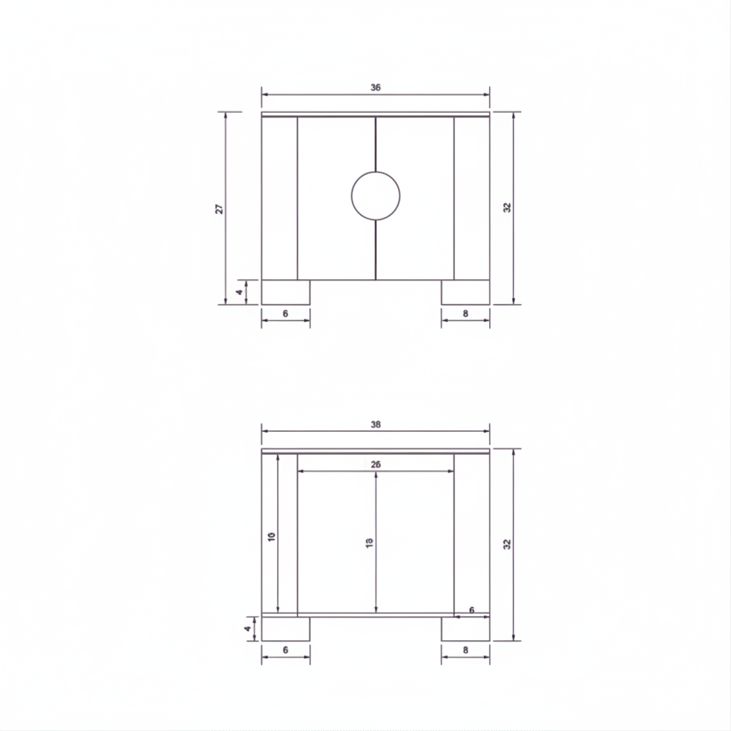 Technical drawing of the Surya Poros Cabinet, showing front and interior dimensions.