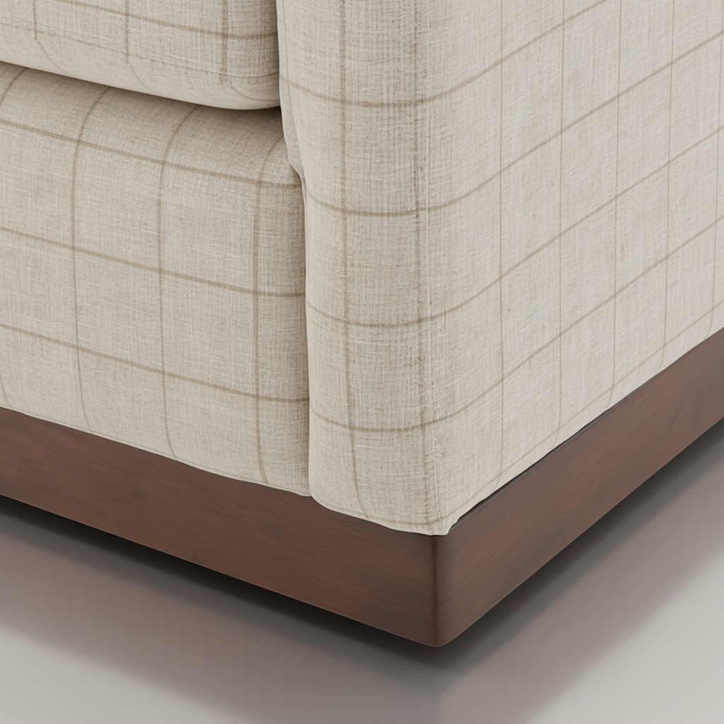 Surya Glendon swivel chair with light beige plaid polyester-linen upholstery and brown rubber wood base.