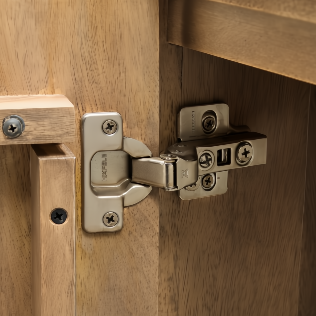 Close-up of a silver hinge on the brown stained mango wood Surya Silas Cabinet.