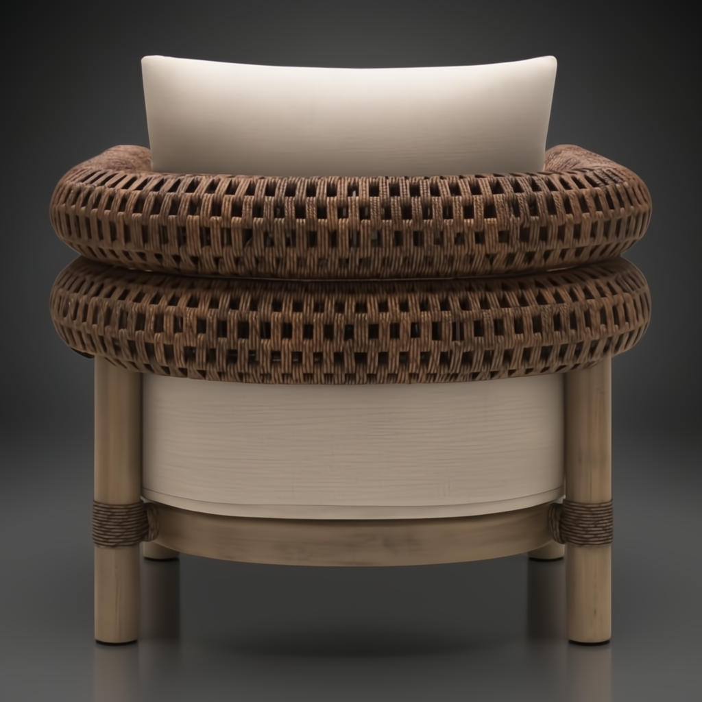 Surya Porta outdoor accent chair with brown wicker, light cushions, and wooden legs.