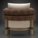 Surya Porta outdoor accent chair with brown wicker, light cushions, and wooden legs.