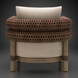 Surya Porta outdoor accent chair with brown wicker, light cushions, and wooden legs.