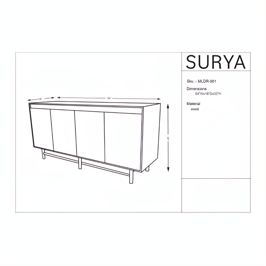 Surya Molander Sideboard: brown oak veneer top, black steel frame, 64"W x 18"D x 30"H.