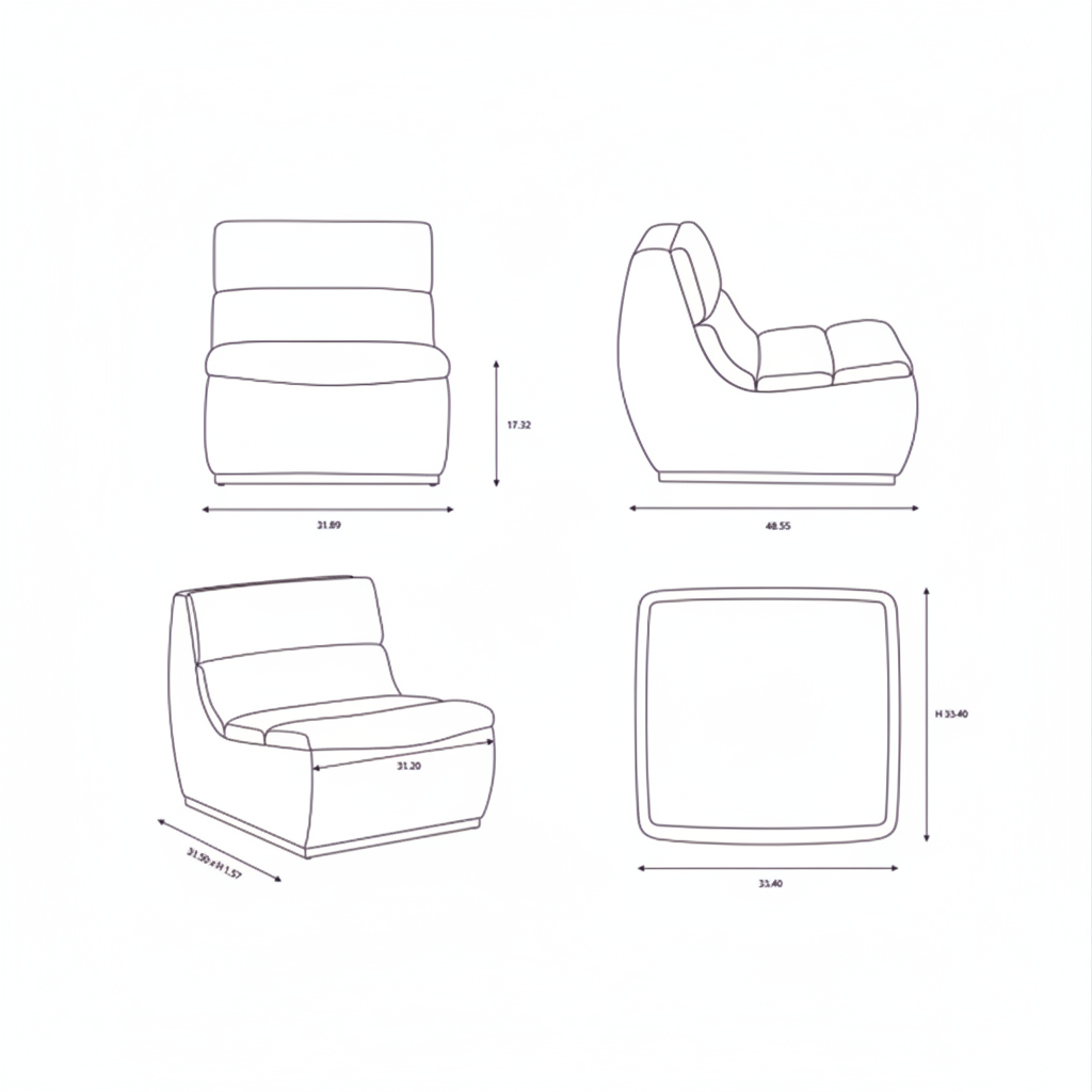 Line drawings of the Surya Barber Accent Chair, showing front, side, angled, and top views with dimensions.