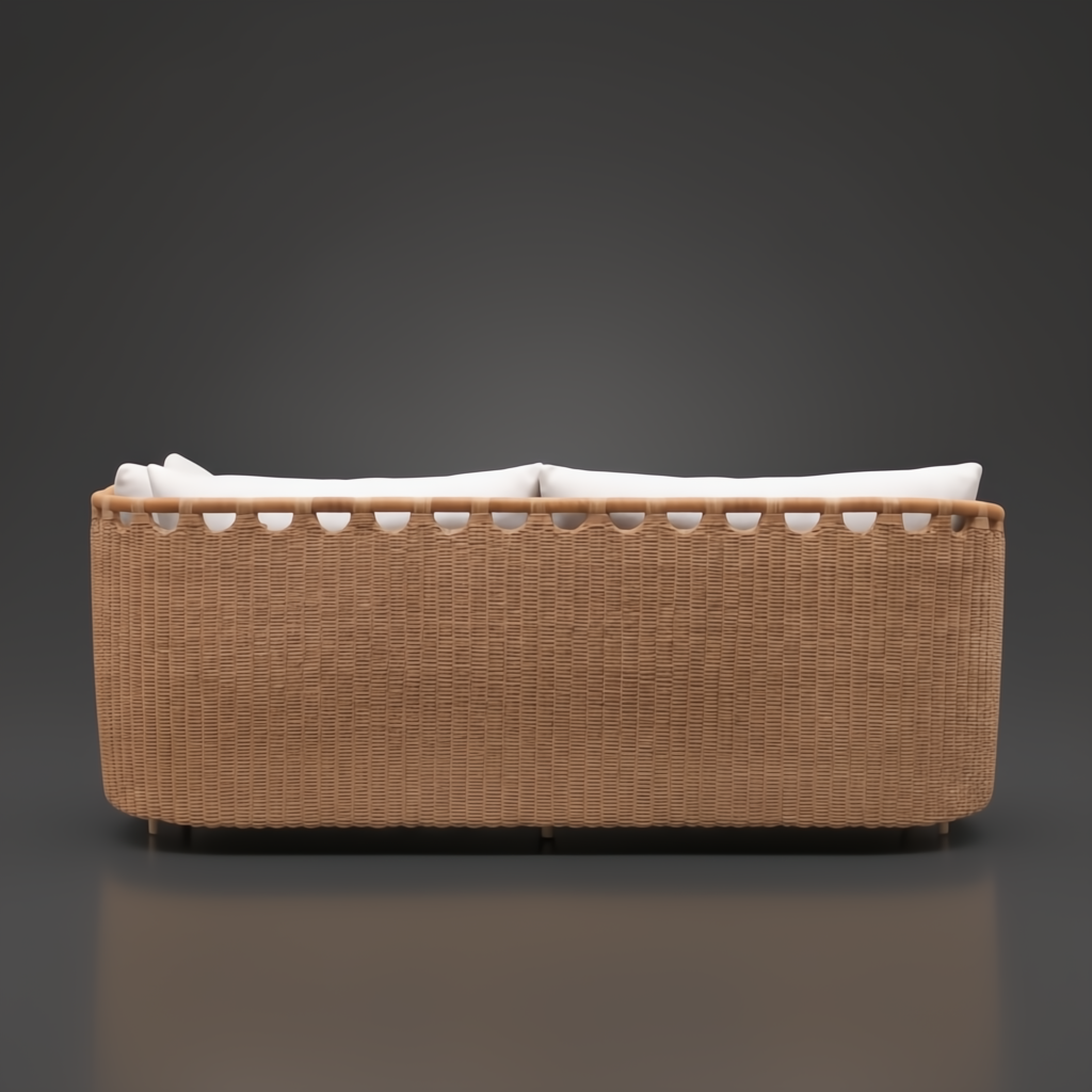 Marvella outdoor sectional with light brown woven base and white cushions.