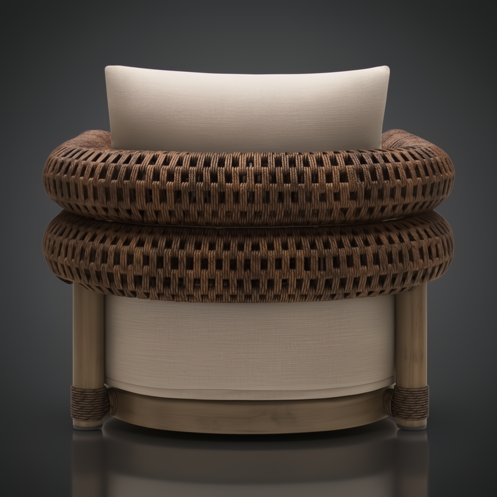 Surya Porta Swivel Chair with brown handwoven PE wicker, beige Sunbrella fabric, and a brown aluminum base.