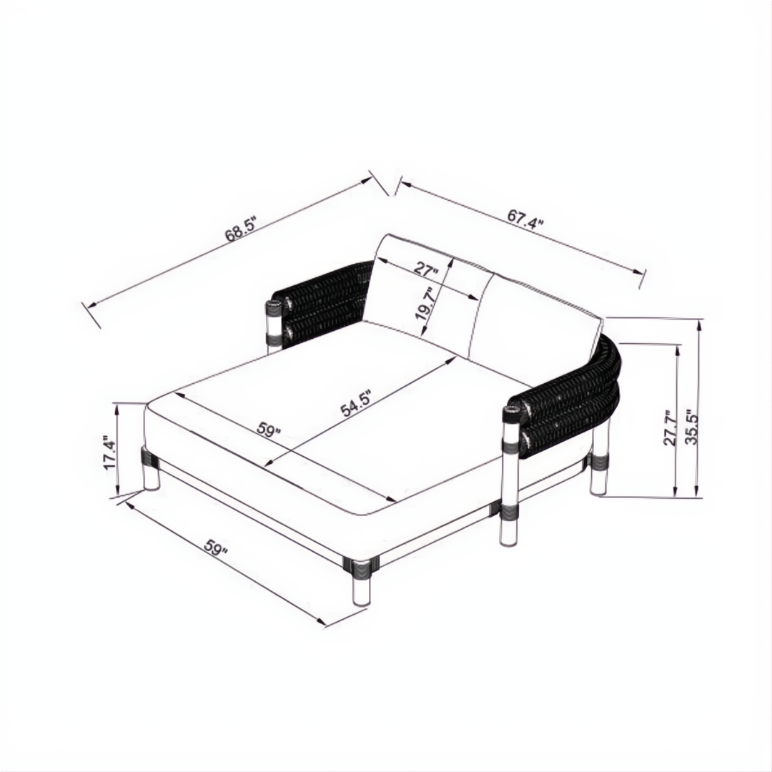 Technical drawing of the Surya Porta Daybed, showing dimensions of the brown aluminum base, Sunbrella cushion, and wicker details.
