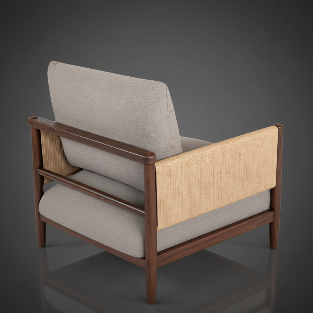 Surya Brielle accent chair with camel polyester upholstery, dark ash wood frame, and woven side panels.