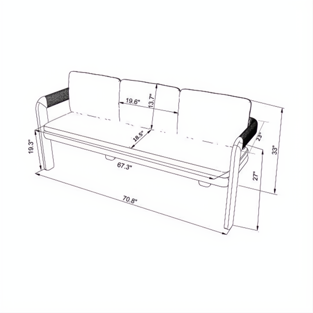 Line drawing of the Surya Palma Bench with dimensions: 27"H x 71"W x 20"D.