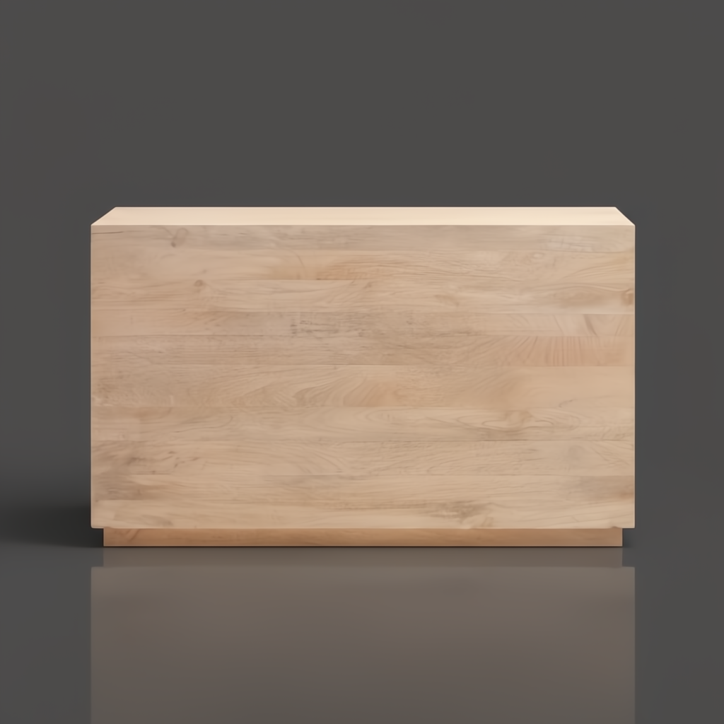 Light brown mango wood console table with a minimalist modern design and plinth base.