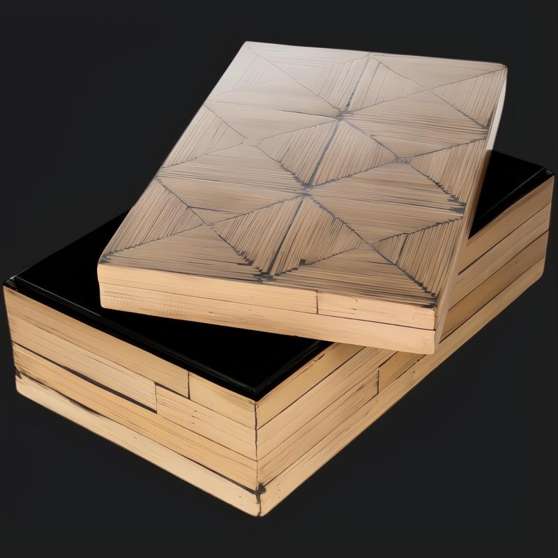 Surya Cane Garden decorative box set: natural bamboo with dark brown hand-painted accents and geometric lid design.