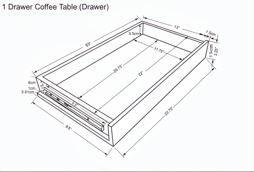 Technical drawing of a coffee table drawer with dimensions in inches and centimeters.