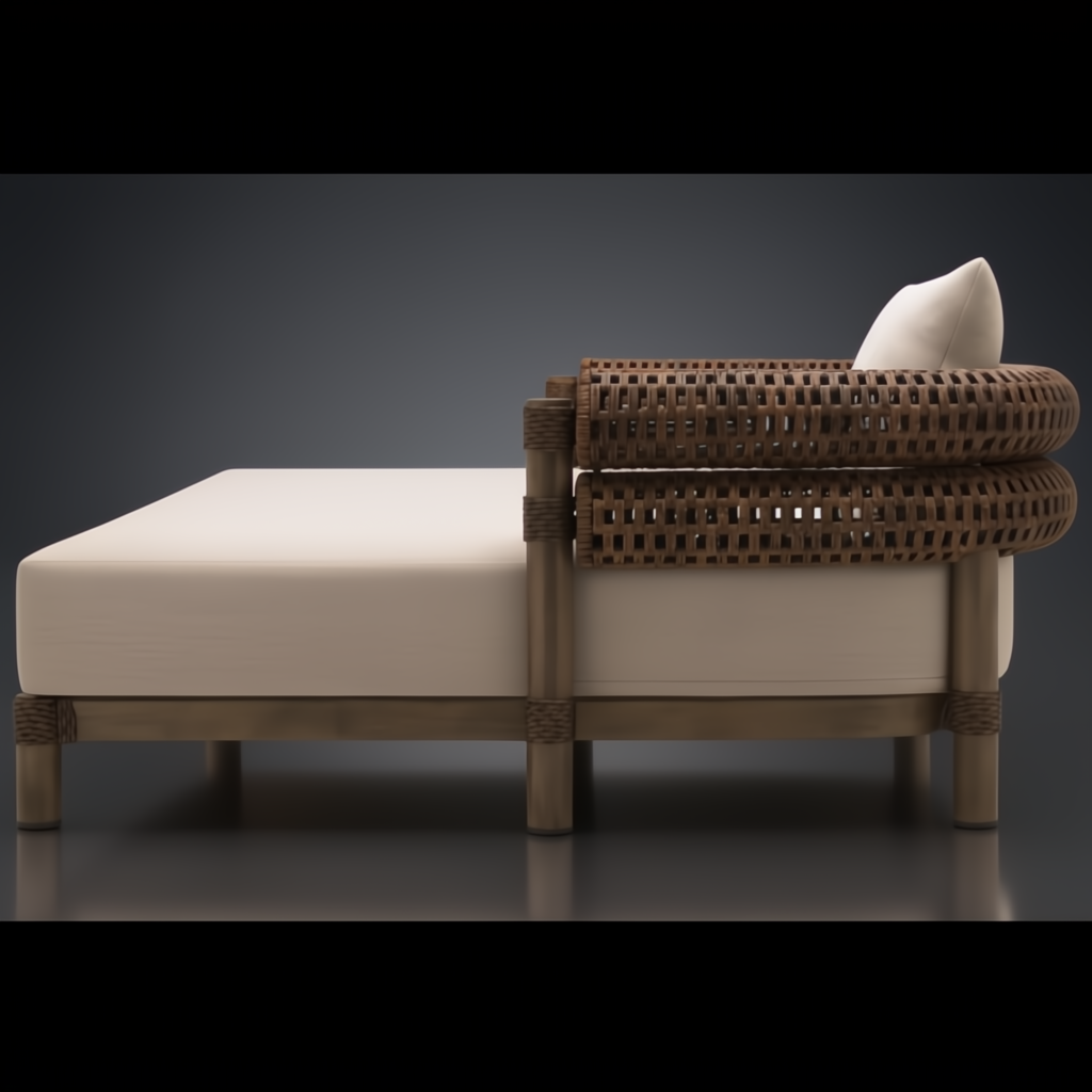Brown Surya Porta sectional left arm chaise with light beige Sunbrella cushions and woven backrest.