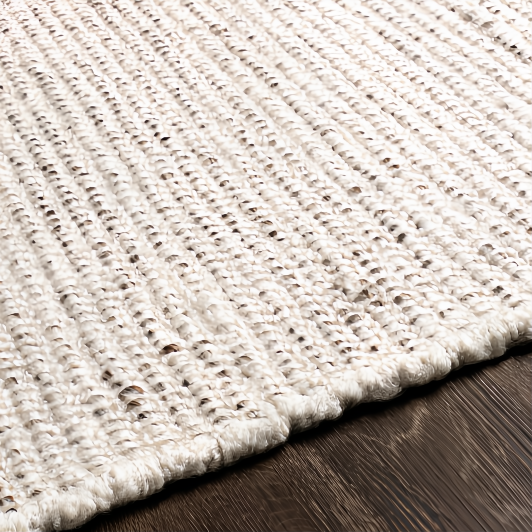 Handmade Surya Azalea AZA-2326 rug, light beige, black, and light gray recycled PET yarn, modern textured design.