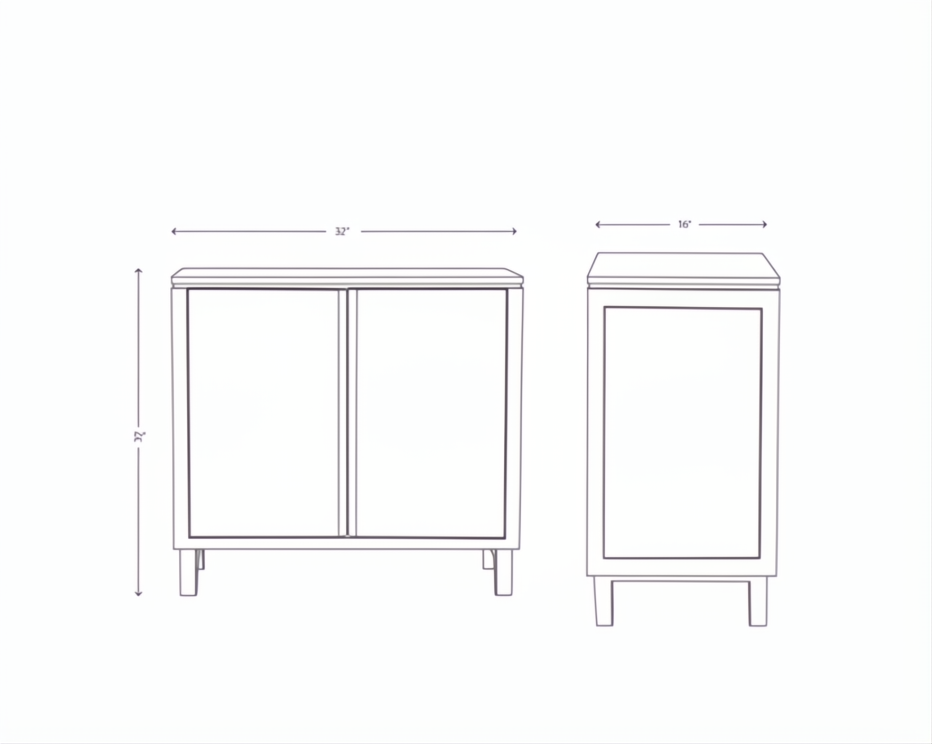 Line drawing of the Surya Silas Cabinet, a brown mango wood Scandinavian modern storage cabinet.