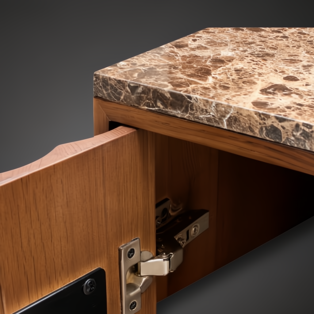 Close-up of a brown Surya Skopa Cabinet with a marble top and white oak frame, showing an open door.