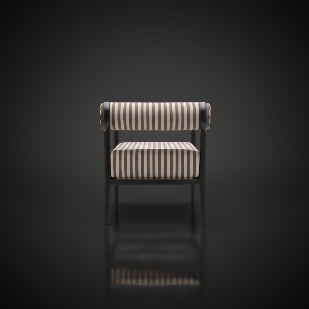 Surya Antibes accent chair with black aluminum frame and striped beige and brown Sunbrella cushions.