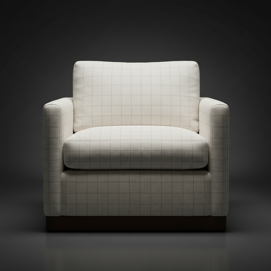 Surya Glendon GEL-001 swivel chair, light beige grid-patterned polyester-linen, brown rubber wood base.