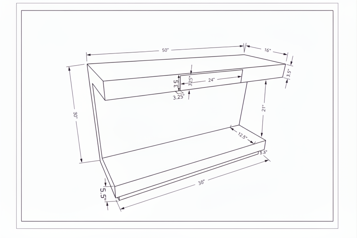 Technical drawing of a brown lacquered mango wood console table with a soft-close drawer and plinth base, showing dimensions.