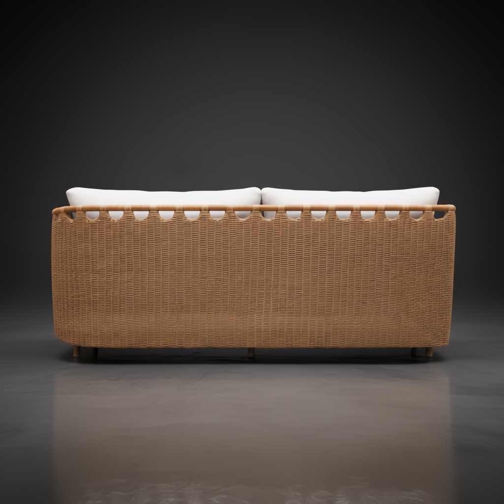 Marvella sectional right arm sofa with woven wicker back and white cushions.